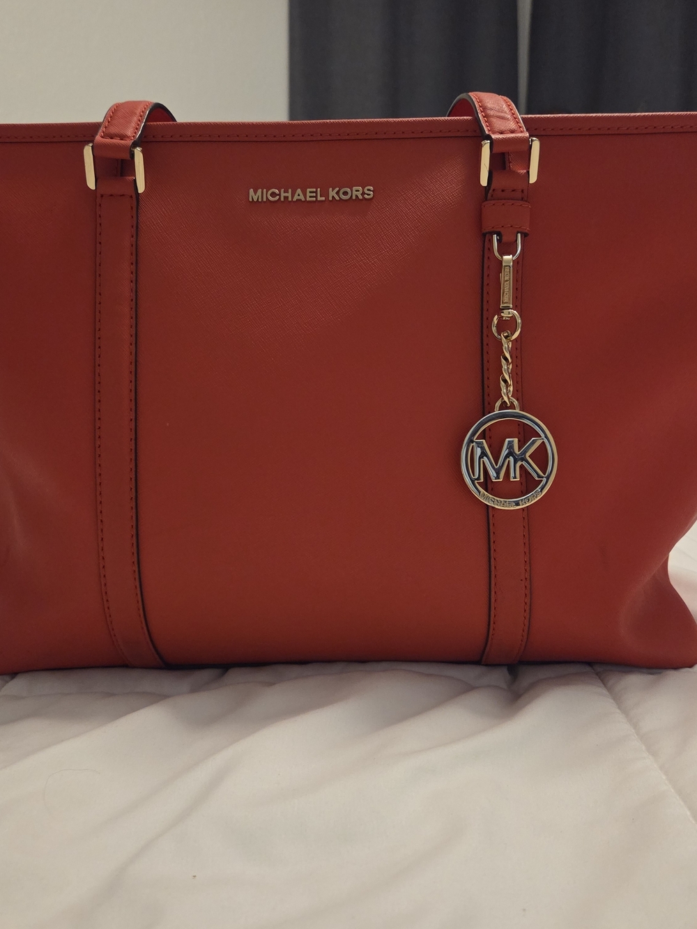 Michael Kors Orange-Red Leather Tote with MK Charm